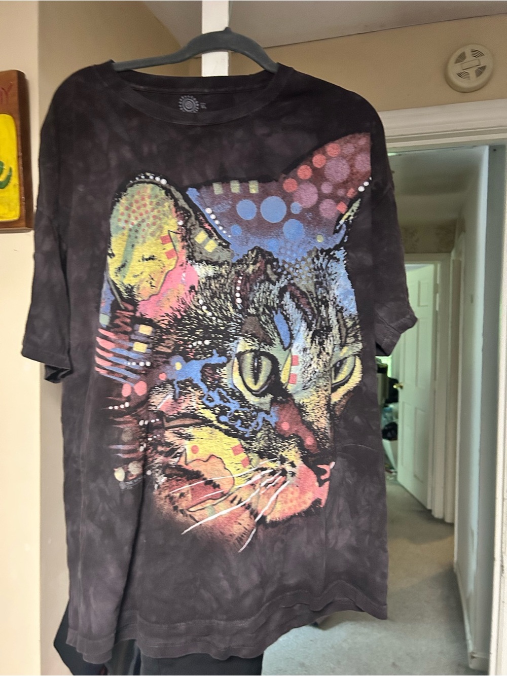 The Mountain Black Tee with Multicolor Psychedelic Cat Graphic